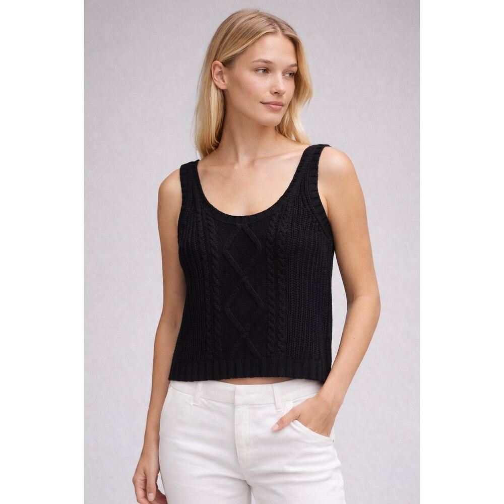 W Cashmere Cable Knit Sweater Tank Black Cropped Vest Cotton S Quiet Luxury Chic